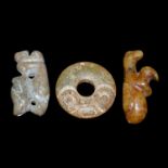 紅山文化良渚文化玉雕一組三件 A Group of Three Neolithic Liangzhu Culture and Hongshan Culture Carved Jades