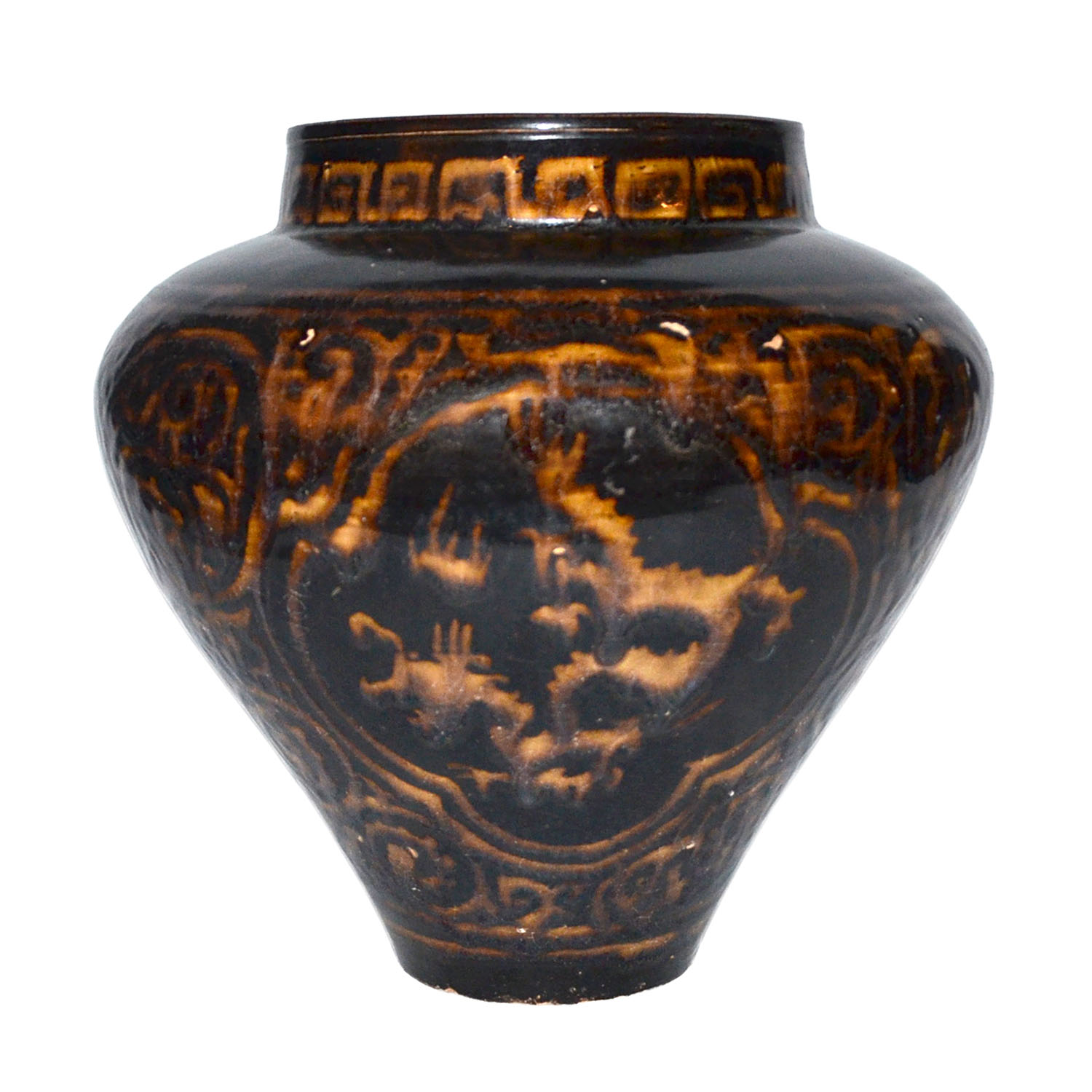 吉州窯黑釉醬彩開光龍紋花卉罐 A Jizhou Russet Painted Dark-Glazed Jar The tapering body is covered overall with a