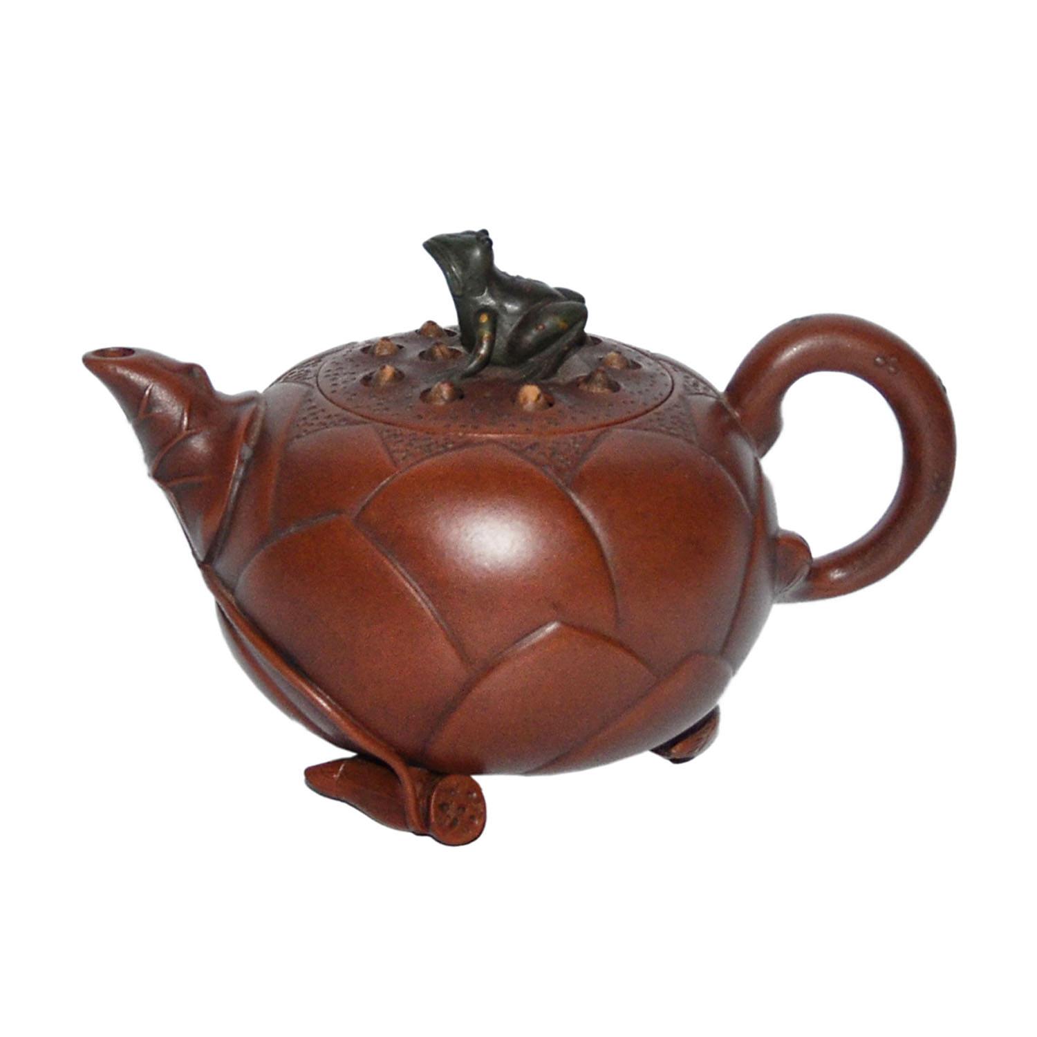 蓮蓬青蛙鈕紫砂壺 (蔣蓉)底款 (蔣蓉)蓋內款 Lotus Zisha Teapot Carved with Petal and Molded Pod with Frog as Finial
