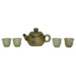 玉浮雕牡丹壺四酒杯一套五件 A Set of Jade Carved Peony-Lappet Wine Pot with Four Cups  Height: 3 in (7.6 cm), 1¼
