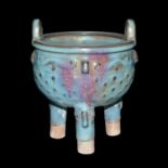 鈞窯紫斑鼓釘三足爐 Junyao Tripod Censer with Purple Splash and Boss Decoration  Height: 6⅝ in (16.8 cm)