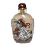 葉仲三 大鋪首五彩內畫關羽鼻煙壺 題款(忠義千秋 葉仲三作) A Massive Inside Painted Glass Snuff Bottle, Ye Zhongsan Painted with