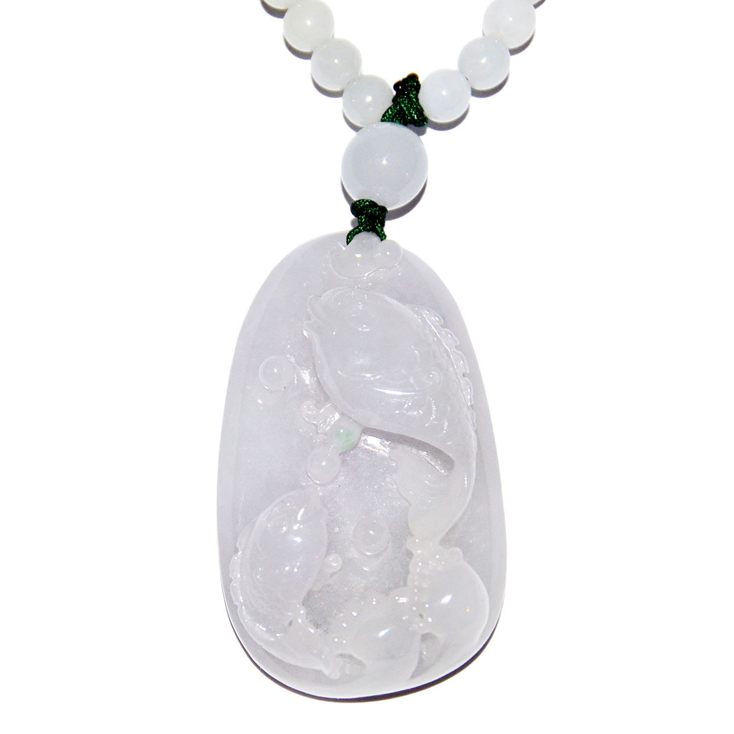 翡翠珠鏈連紫羅蘭白玉年年有餘掛墜 Carved Lavender Jade Leaping Fish Pendant with Jadeite Jade Bead Necklace