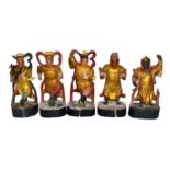 木雕彩繪塗金威武天神將(一組五件) Five Polychrome Gilt Painted Temple Wood Deity Figures (5) Boldly carved with