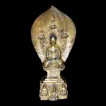 藏佛銅鎏金背光菩薩坐像 Gilt Bronze Figure of a Bodhisattva on Plinth  Height: 7⅜ in (18.7 cm)