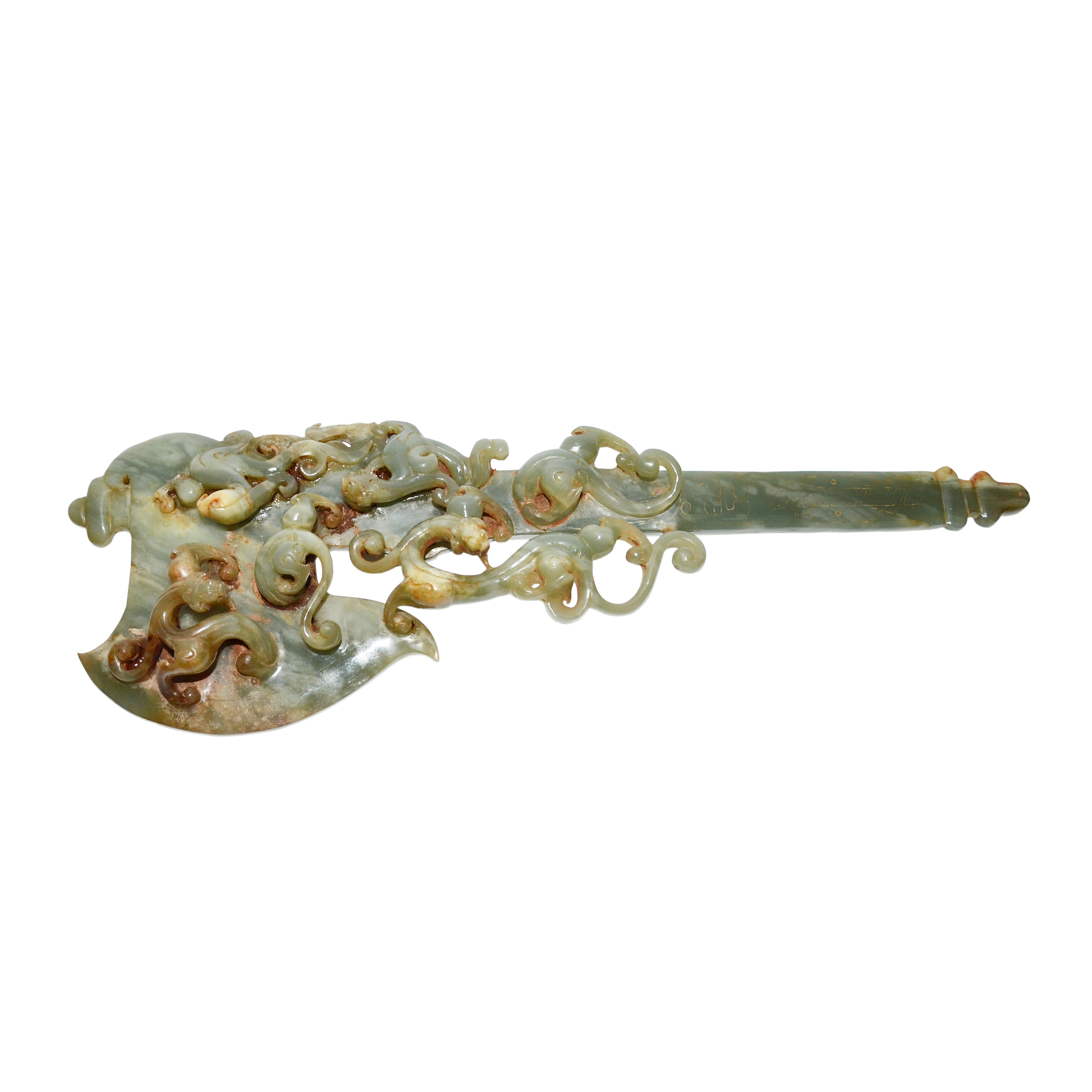 青玉鏤雕螭龍斧 玉斧透雕螭龍，背面飾以獸面紋。 An Archaistic Carved Celadon Jade Ritual Axe With carved blade, on one