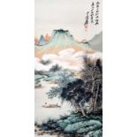 張大千 (1899 - 1983) 張大千臨元盛子昭山水軸 設色水墨紙本立軸 1949 年作 款識： 元盛子昭秋溪唫興 己丑九月大風堂臨 大千居士爰 鈐印：(張爰)(大千居士) Zhang