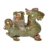 青玉雕饕餮紋四不像臥神人鈕尊 Carved Celadon Mythical Beast, Zun with Taotie Mask and a Fairy as Knop Cover Height: