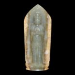 玉雕觀音合十立像 A Carved Jade Guanyin Standing on Lotus Plinth and Backed with a Flame-Form Mandorla