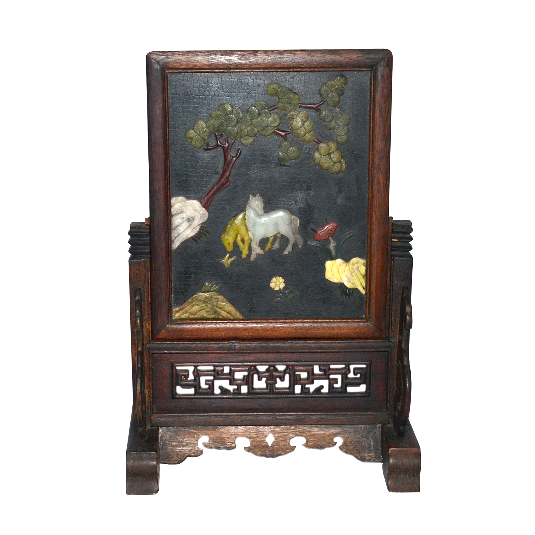 嵌玉石松下二馬圖插屏 A Jade Table Screen Inlaid with Semiprecious Stones with Wood Holder Depicting Two Horses