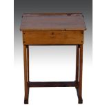 Oak slope front school desk, hinge lid,