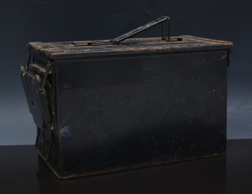 Black metal ammunition box, and a wooden