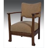 Low oak elbow chair, with chenille type