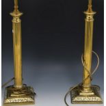 Pair of brass fluted column table lamps,