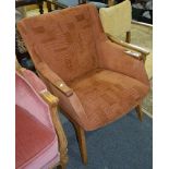 1960s oak and walnut easy chair, re-upho