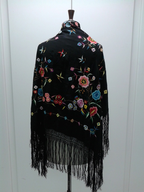 Black embroidered and fringed piano shaw