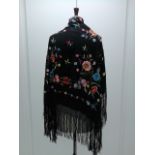 Black embroidered and fringed piano shaw
