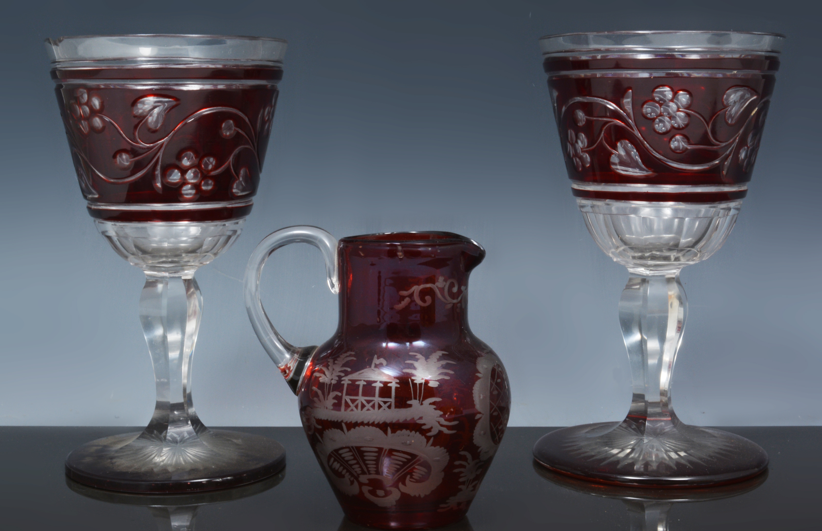 Pair of ruby overlaid goblets, hexagonal