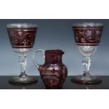 Pair of ruby overlaid goblets, hexagonal