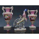Derby style amphora shaped vase, pink gr