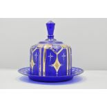 Blue glass covered cheese dish, enamel a