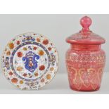 Cranberry glass lidded jar, with flower decorations and other items, various (9).