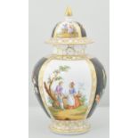 Dresden balster vase, hand painted with reserves of romantic scenes in landscapes,