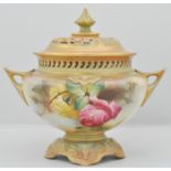 Royal Worcester blush ivory pot pourri, with pierced cover, body decorated with floral sprays,