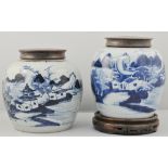 Chinese blue and white ginger jar, with a matched hardwood cover and stand,