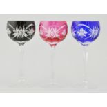 Set of six tinted cut glass wine glasses, and a large collection of glassware, (3 boxes).