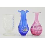 Cut glass pedestal vase, a blue glass flared posy and various coloured and other glass, (2 boxes).