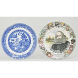Royal Doulton Shakespeare plate, RN549784, an Old Willow pattern blue and white plate,