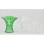 Emerald green coloured cut glass flared vase, a cut glass fruit bowl and other cut glass, various,