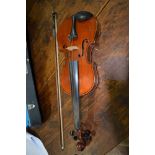 Violin, 36cm two piece back, with a bow, cased.