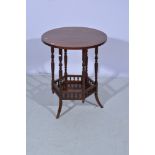 Stained wood occasional table, circular top, turned supports, incurved undertier, splayed legs,