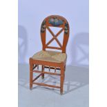 Continental painted dining chair, carved detail with fruit and flowers, rush seat, 93cm.