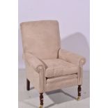 Victorian style easy chair, upholstered in ivory coloured suede, turned and ringed legs. width