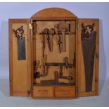 Ply wood tool cabinet, width 46cm and a collection of carpentry tools.