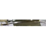 French sabre, 91cm curved steel blade, back engraved 1876, brass guard.