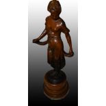 Patinated spelter figure, of a Maiden, wooden plinth, 31cm, a riding crop, a pair of Soviet