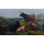 Robert Watson  Highland cattle in a landscape with the shepherd and sheep in the near distance.