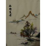 Near pair of Chinese embroidered pictures, landscape scenes, 43cm x 28cm and seven others (9).