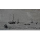 Rowland Langmaid, "Shipping off the Coast", signed, etching.