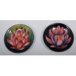 Two Moorcroft May Lily circular coasters, designed by Emma Bossons for MCC, diameter 12cm, both