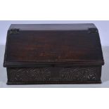 Carved and boarded oak slope front box, late 17th Century, chip carved and lunette decoration,