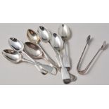 Pair of Victorian white metal serving spoons, back engraved crests, sundry plated cutlery.