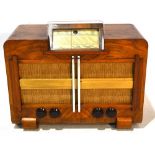 Ever Ready Co. Ltd Art Deco radio, released 1937, model 5033, walnut case with chrome plated bars,