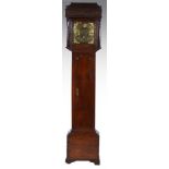 Oak longcase clock, square brass dial, signed 'Tho. Bridge', with dummy date aperture, cast