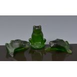 Three Lalique green glass models of frogs, 6cm, each boxed.