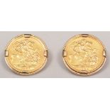 Pair of 9ct cuff links with full sovereigns, Elizabeth II, 1958 and 1967.